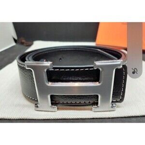 Hermès Black Leather H Belt Silver Buckle Made in France 42 NIB